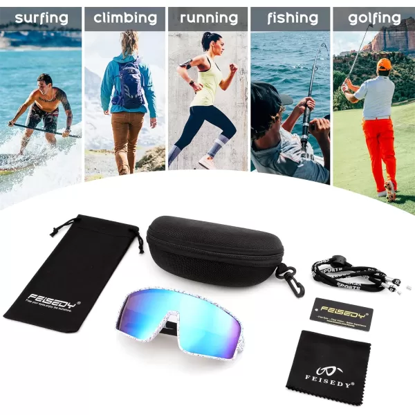 FEISEDY Sports Sunglasses Polarized Oversized Shield for Women Men Youth Baseball Cycling Running Outdoor Visor B2988004 White Frame  Blue Mirror Lens