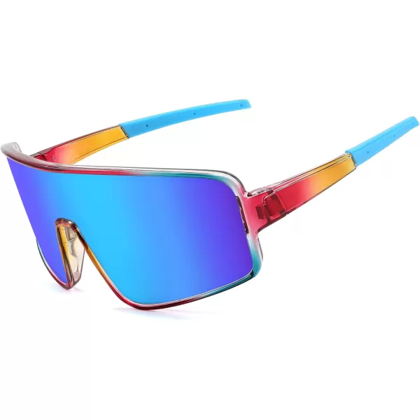FEISEDY Sports Sunglasses Polarized Oversized Shield for Women Men Youth Baseball Cycling Running Outdoor Visor B2988005 Transparent Blue Red Frame  Blue Mirror Lens