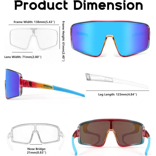FEISEDY Sports Sunglasses Polarized Oversized Shield for Women Men Youth Baseball Cycling Running Outdoor Visor B2988005 Transparent Blue Red Frame  Blue Mirror Lens