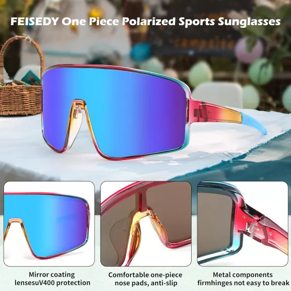 FEISEDY Sports Sunglasses Polarized Oversized Shield for Women Men Youth Baseball Cycling Running Outdoor Visor B2988005 Transparent Blue Red Frame  Blue Mirror Lens