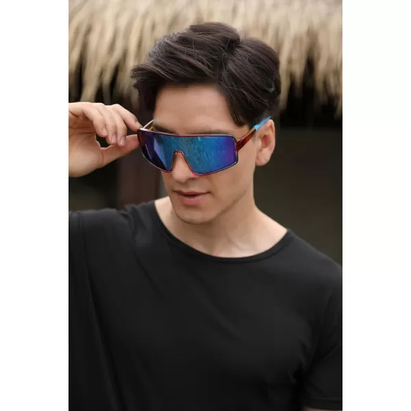 FEISEDY Sports Sunglasses Polarized Oversized Shield for Women Men Youth Baseball Cycling Running Outdoor Visor B2988005 Transparent Blue Red Frame  Blue Mirror Lens