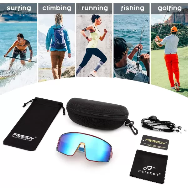 FEISEDY Sports Sunglasses Polarized Oversized Shield for Women Men Youth Baseball Cycling Running Outdoor Visor B2988005 Transparent Blue Red Frame  Blue Mirror Lens