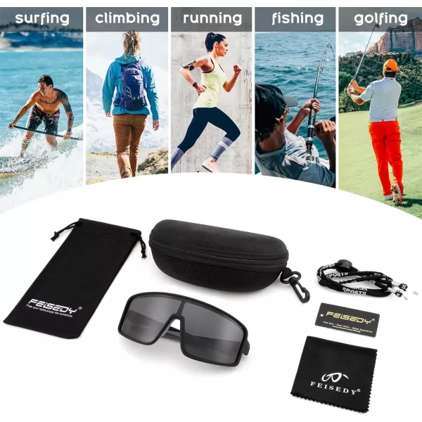 FEISEDY Sports Sunglasses Polarized Oversized Shield for Women Men Youth Baseball Cycling Running Outdoor Visor B2988Black Frame  Grey Lens