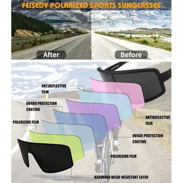 FEISEDY Sports Sunglasses Polarized Oversized Shield for Women Men Youth Baseball Cycling Running Outdoor Visor B2988Black Frame  Grey Lens