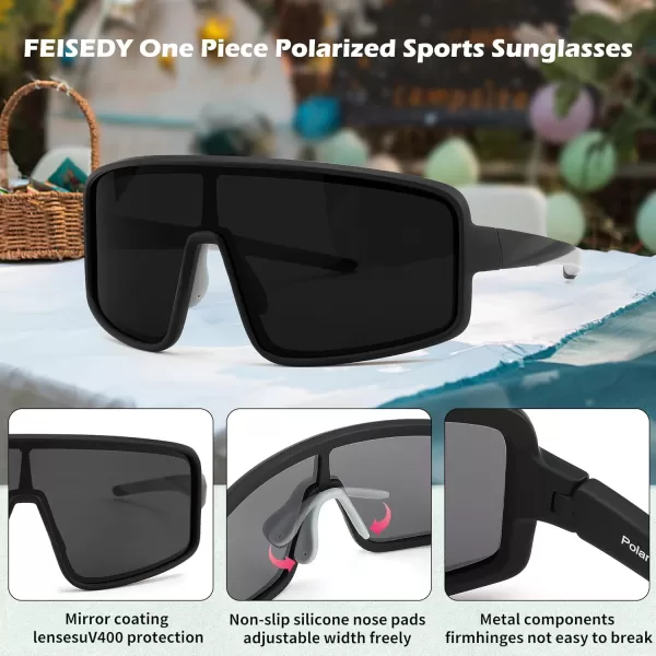 FEISEDY Sports Sunglasses Polarized Oversized Shield for Women Men Youth Baseball Cycling Running Outdoor Visor B2988Black Frame  Grey Lens