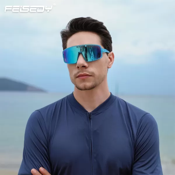 FEISEDY Sports Sunglasses Polarized Oversized Shield for Women Men Youth Baseball Cycling Running Outdoor Visor B2988Blue Frame  Blue Mirror Lens