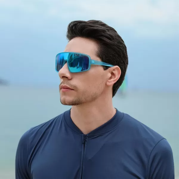 FEISEDY Sports Sunglasses Polarized Oversized Shield for Women Men Youth Baseball Cycling Running Outdoor Visor B2988Blue Frame  Blue Mirror Lens