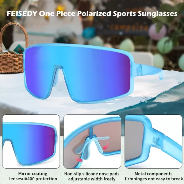 FEISEDY Sports Sunglasses Polarized Oversized Shield for Women Men Youth Baseball Cycling Running Outdoor Visor B2988Blue Frame  Blue Mirror Lens