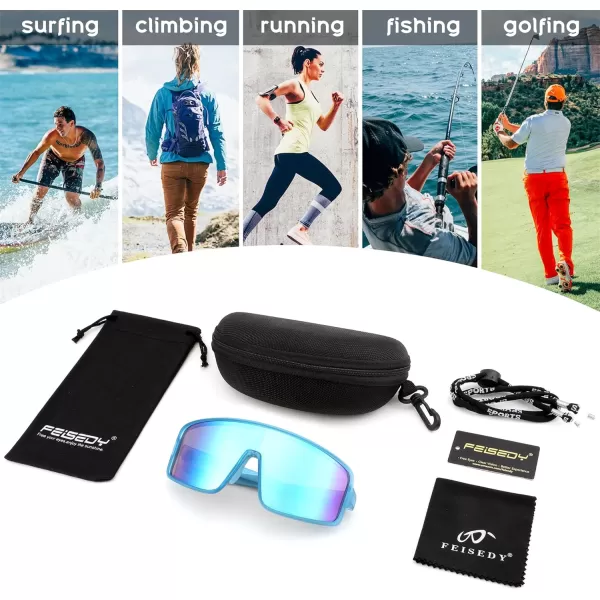 FEISEDY Sports Sunglasses Polarized Oversized Shield for Women Men Youth Baseball Cycling Running Outdoor Visor B2988Blue Frame  Blue Mirror Lens