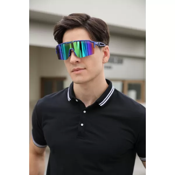 FEISEDY Sports Sunglasses for Men Women Baseball Cycling Running Driving Glasses UV400 B0088Blue Frame Green Lens