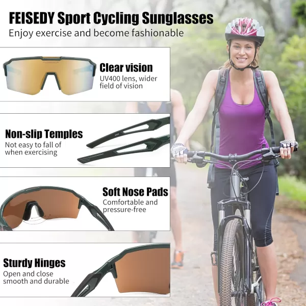 FEISEDY Sports Sunglasses for Men Women Baseball Cycling Running Driving Glasses UV400 B0088Green Frame Gold Mirror Lens