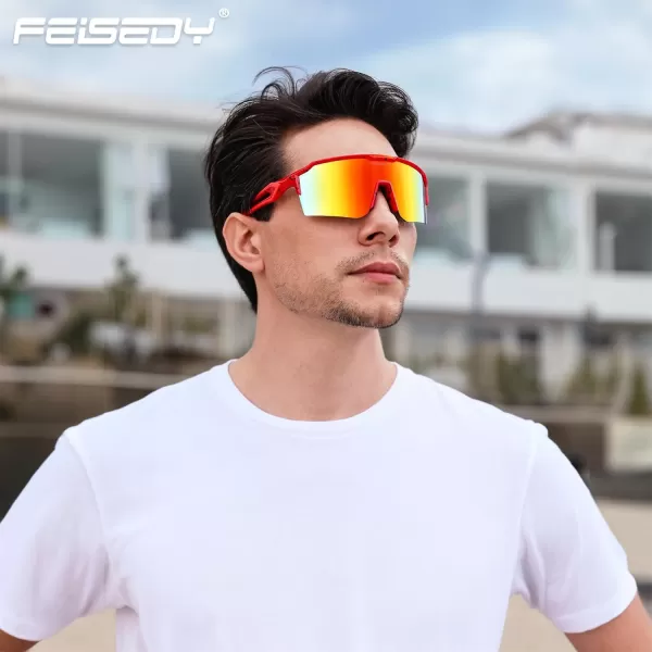 FEISEDY Sports Sunglasses for Men Women Baseball Cycling Running Driving Glasses UV400 B0088Red Frame Red Mirror Lens