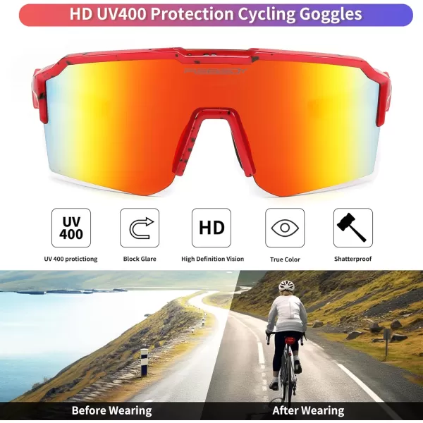 FEISEDY Sports Sunglasses for Men Women Baseball Cycling Running Driving Glasses UV400 B0088Red Frame Red Mirror Lens