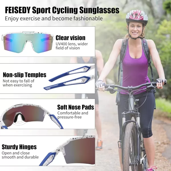 FEISEDY Sports Sunglasses for Men Women Baseball Cycling Running Driving Glasses UV400 B0088White Frame Blue Mirror Lens