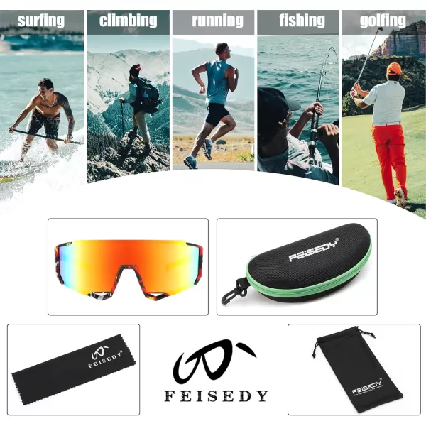 FEISEDY Sports Sunglasses for Men Women Cycling Running Fishing Shades Sun Glasses B0130Camouflage Frame Red Mirrored Lens