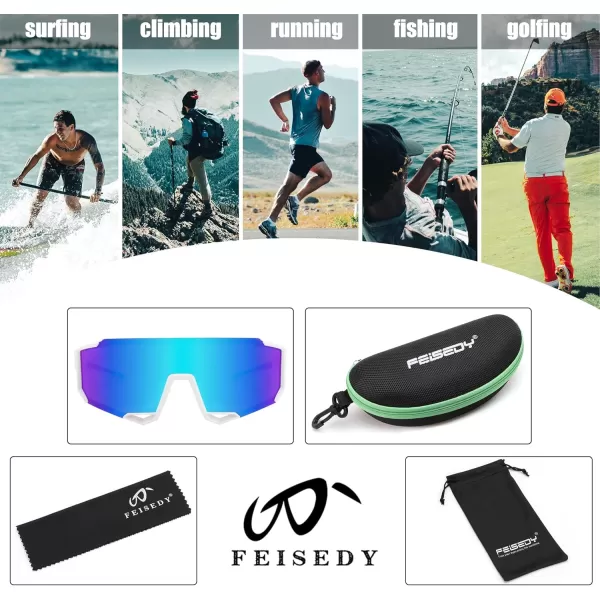 FEISEDY Sports Sunglasses for Men Women Cycling Running Fishing Shades Sun Glasses B0130White Frame Blue Mirrored Lens
