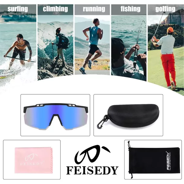 FEISEDY Sports Sunglasses for Men and Women UV400 Protection Cycling Goggles Golf Baseball Driving Fishing B0022Black Frame Blue Mirrored Lens