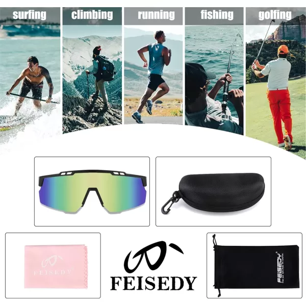 FEISEDY Sports Sunglasses for Men and Women UV400 Protection Cycling Goggles Golf Baseball Driving Fishing B0022Black Frame Gold Mirrored Lens