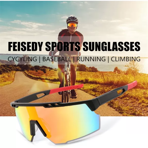 FEISEDY Sports Sunglasses for Men and Women UV400 Protection Cycling Goggles Golf Baseball Driving Fishing B0022Black Frame Red Mirrored Lens