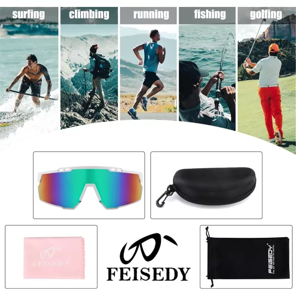 FEISEDY Sports Sunglasses for Men and Women UV400 Protection Cycling Goggles Golf Baseball Driving Fishing B0022White Frame Green Mirrored Lens