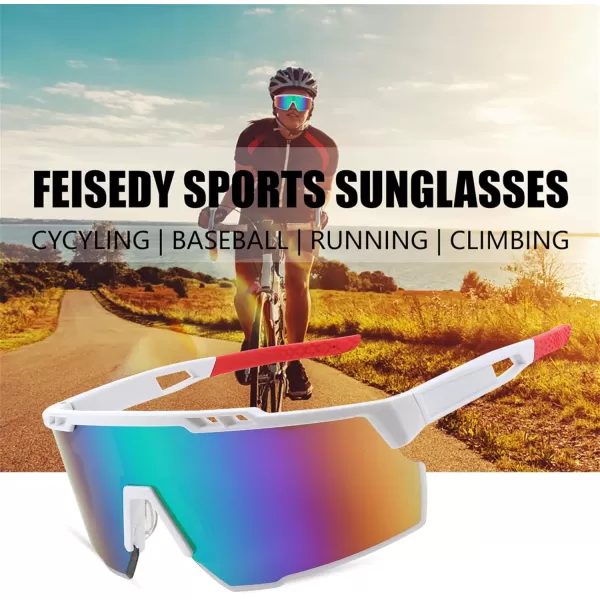 FEISEDY Sports Sunglasses for Men and Women UV400 Protection Cycling Goggles Golf Baseball Driving Fishing B0022White Frame Green Mirrored Lens