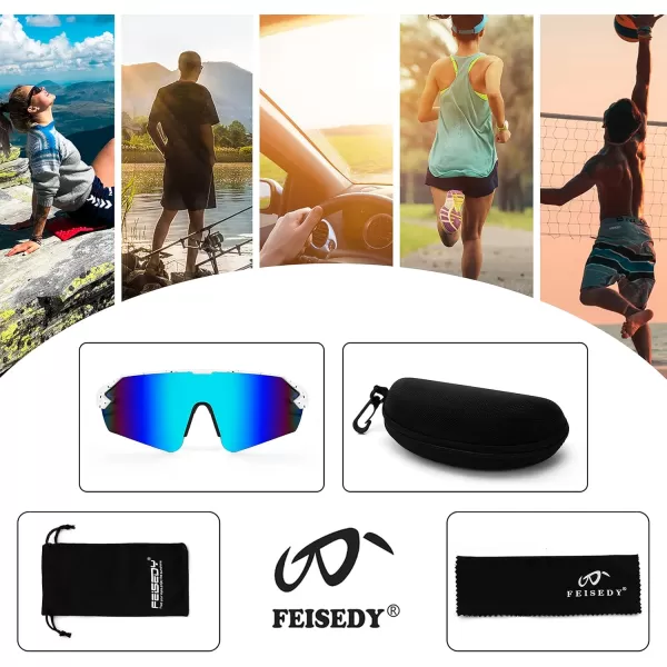 FEISEDY Sports Sunglasses for Men and Women UV400 Protection Outdoor Cycling Driving Fishing Glasses B2987002 White  Blue Lens