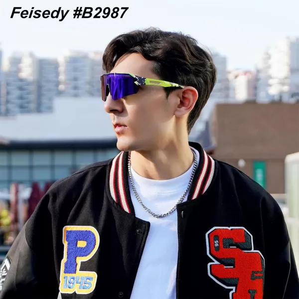 FEISEDY Sports Sunglasses for Men and Women UV400 Protection Outdoor Cycling Driving Fishing Glasses B2987003 Green  Blue Lens