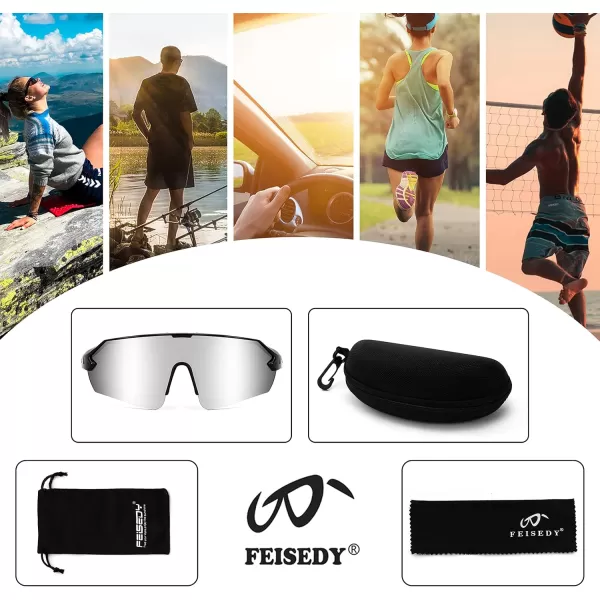 FEISEDY Sports Sunglasses for Men and Women UV400 Protection Outdoor Cycling Driving Fishing Glasses B2987004 Black  White Mirrored Lens