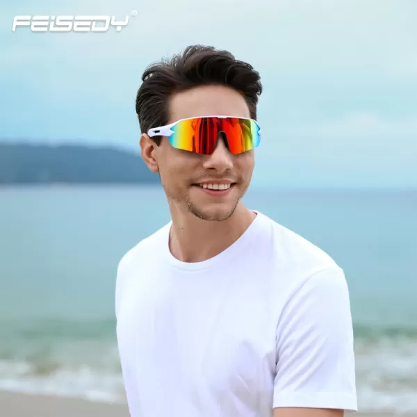 FEISEDY Sports Sunglasses for Men and Women UV400 Protection Outdoor Cycling Driving Fishing Glasses B2987005 White  Red Lens