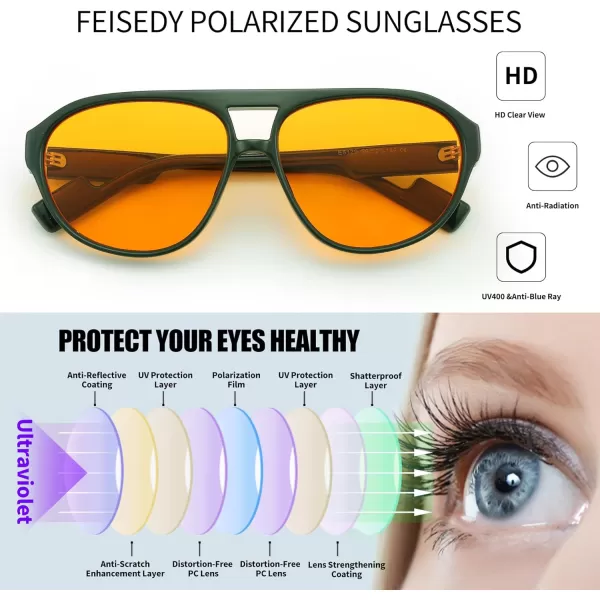 FEISEDY Sunglasses Women Men Polarized Small 70s Aviator Frame Retro Vintage Sun Glasses B2373Green Frame  Orange Lens