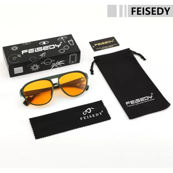 FEISEDY Sunglasses Women Men Polarized Small 70s Aviator Frame Retro Vintage Sun Glasses B2373Green Frame  Orange Lens