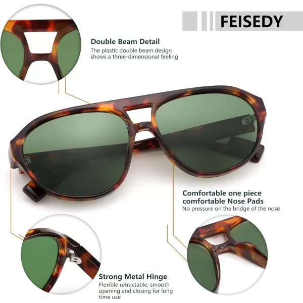FEISEDY Sunglasses Women Men Polarized Small 70s Aviator Frame Retro Vintage Sun Glasses B2373Milk Tortoise Frame  Blackish Green Lens