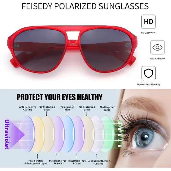 FEISEDY Sunglasses Women Men Polarized Small 70s Aviator Frame Retro Vintage Sun Glasses B2373Transparent Red Frame  Grey Lens