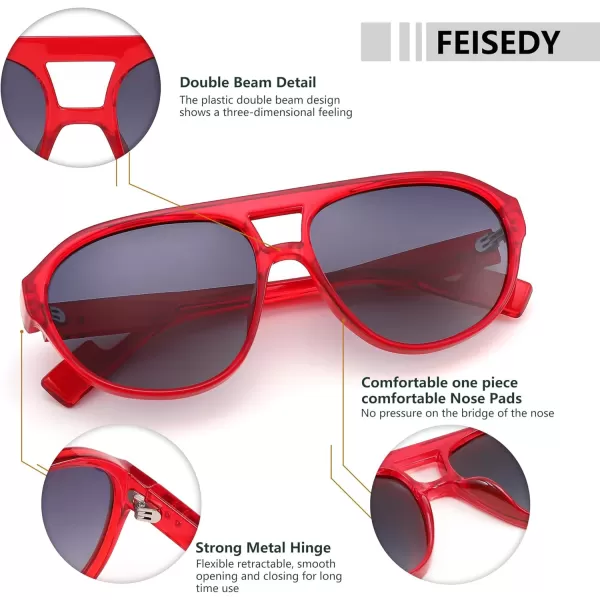 FEISEDY Sunglasses Women Men Polarized Small 70s Aviator Frame Retro Vintage Sun Glasses B2373Transparent Red Frame  Grey Lens