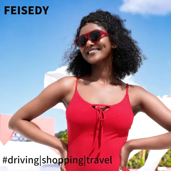 FEISEDY Sunglasses Women Men Polarized Small 70s Aviator Frame Retro Vintage Sun Glasses B2373Transparent Red Frame  Grey Lens