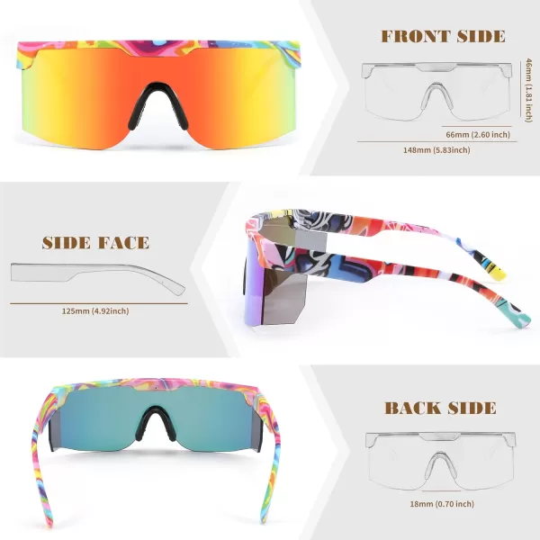 FEISEDY Sunglasses Women Men Sports 80s Visor Retro Neon Square Sun Glasses Miorred Shades UV400 B0004Rainbow Frame  Red Mirror Lens 02