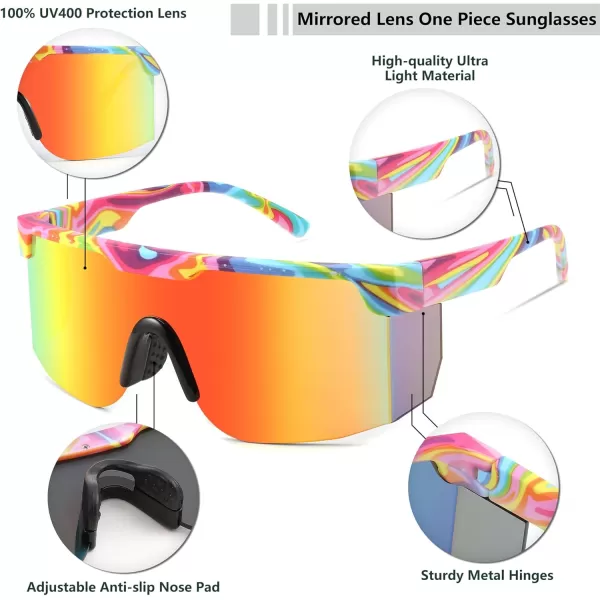 FEISEDY Sunglasses Women Men Sports 80s Visor Retro Neon Square Sun Glasses Miorred Shades UV400 B0004Rainbow Frame  Red Mirror Lens 02