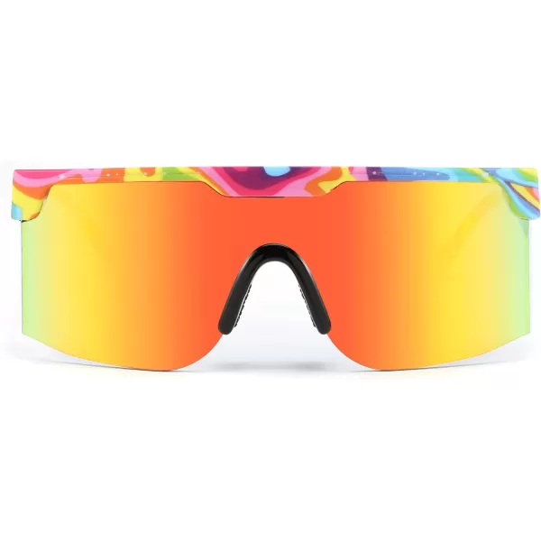 FEISEDY Sunglasses Women Men Sports 80s Visor Retro Neon Square Sun Glasses Miorred Shades UV400 B0004Rainbow Frame  Red Mirror Lens 02