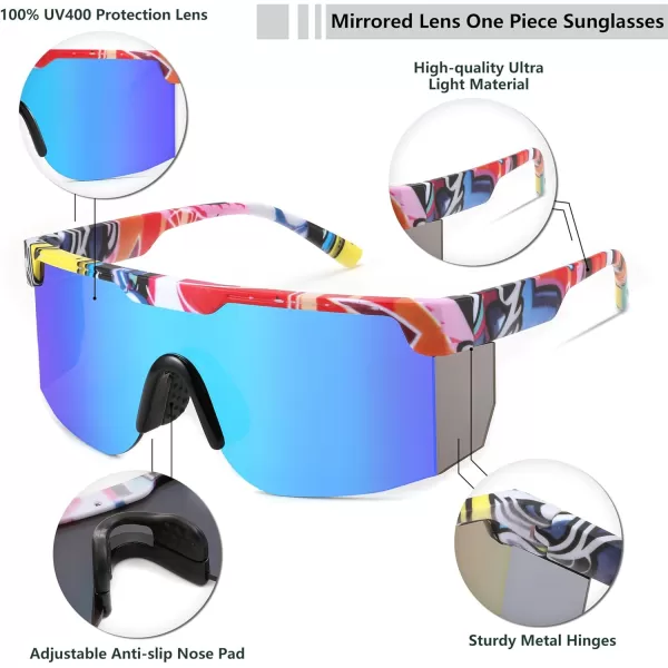 FEISEDY Sunglasses Women Men Sports 80s Visor Retro Neon Square Sun Glasses Miorred Shades UV400 B0004Red Frame  Blue Mirrored Lenses 07