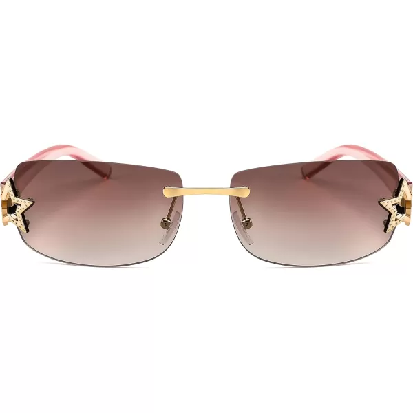 FEISEDY Vintage Rimless Rectangle Sunglasses Trendy 90s Y2K Women Shades B4122Gradient Pink Brown