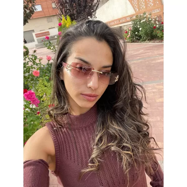 FEISEDY Vintage Rimless Rectangle Sunglasses Trendy 90s Y2K Women Shades B4122Gradient Pink Brown