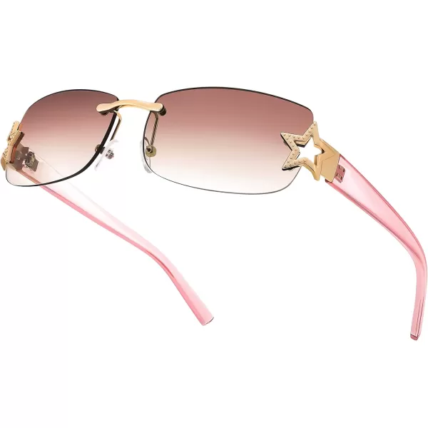 FEISEDY Vintage Rimless Rectangle Sunglasses Trendy 90s Y2K Women Shades B4122Gradient Pink Brown