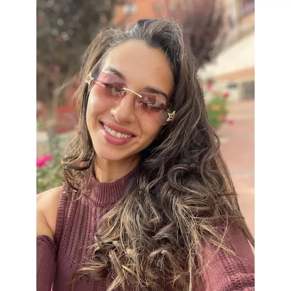 FEISEDY Vintage Rimless Rectangle Sunglasses Trendy 90s Y2K Women Shades B4122Gradient Pink Brown