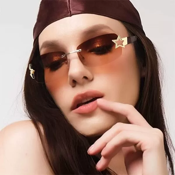 FEISEDY Vintage Rimless Rectangle Sunglasses Trendy 90s Y2K Women Shades B4122Tea