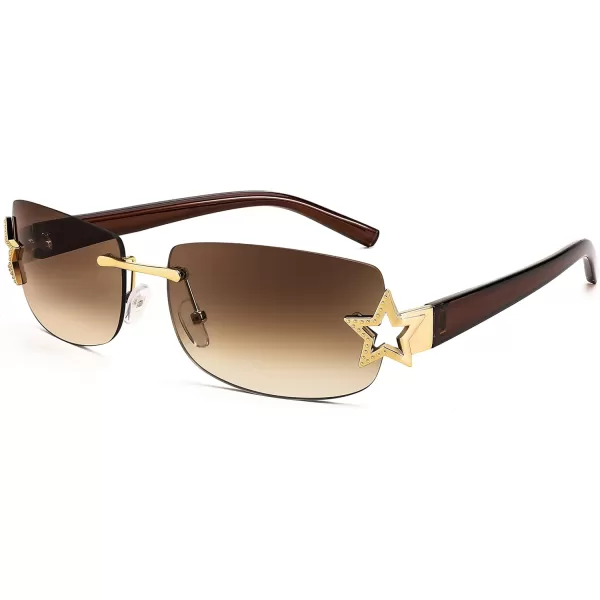 FEISEDY Vintage Rimless Rectangle Sunglasses Trendy 90s Y2K Women Shades B4122Tea