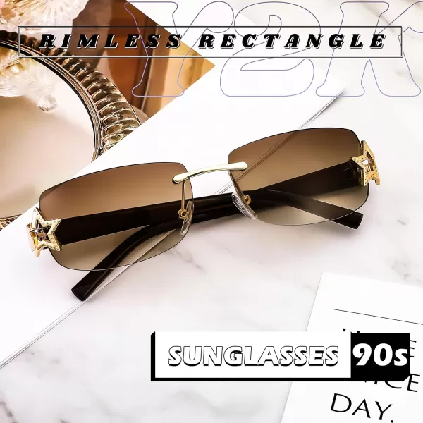 FEISEDY Vintage Rimless Rectangle Sunglasses Trendy 90s Y2K Women Shades B4122Tea