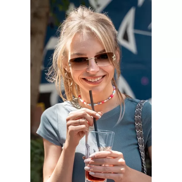 FEISEDY Vintage Rimless Rectangle Sunglasses Trendy 90s Y2K Women Shades B4122Tea