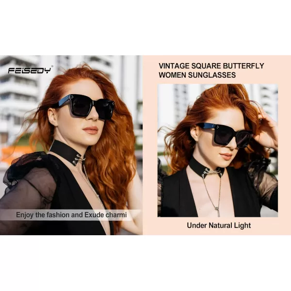 FEISEDY Vintage Women Butterfly Sunglasses Designer Luxury Square Gradient Sun Glasses Shades B2486Black