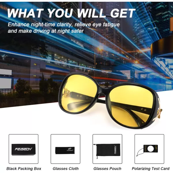 FEISEDY Women Classic Polarized Night Vision Driving Glasses Anti Glare Ladies Yellow Lens Sunglasses B2730Black