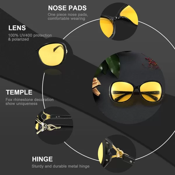 FEISEDY Women Classic Polarized Night Vision Driving Glasses Anti Glare Ladies Yellow Lens Sunglasses B2730Black